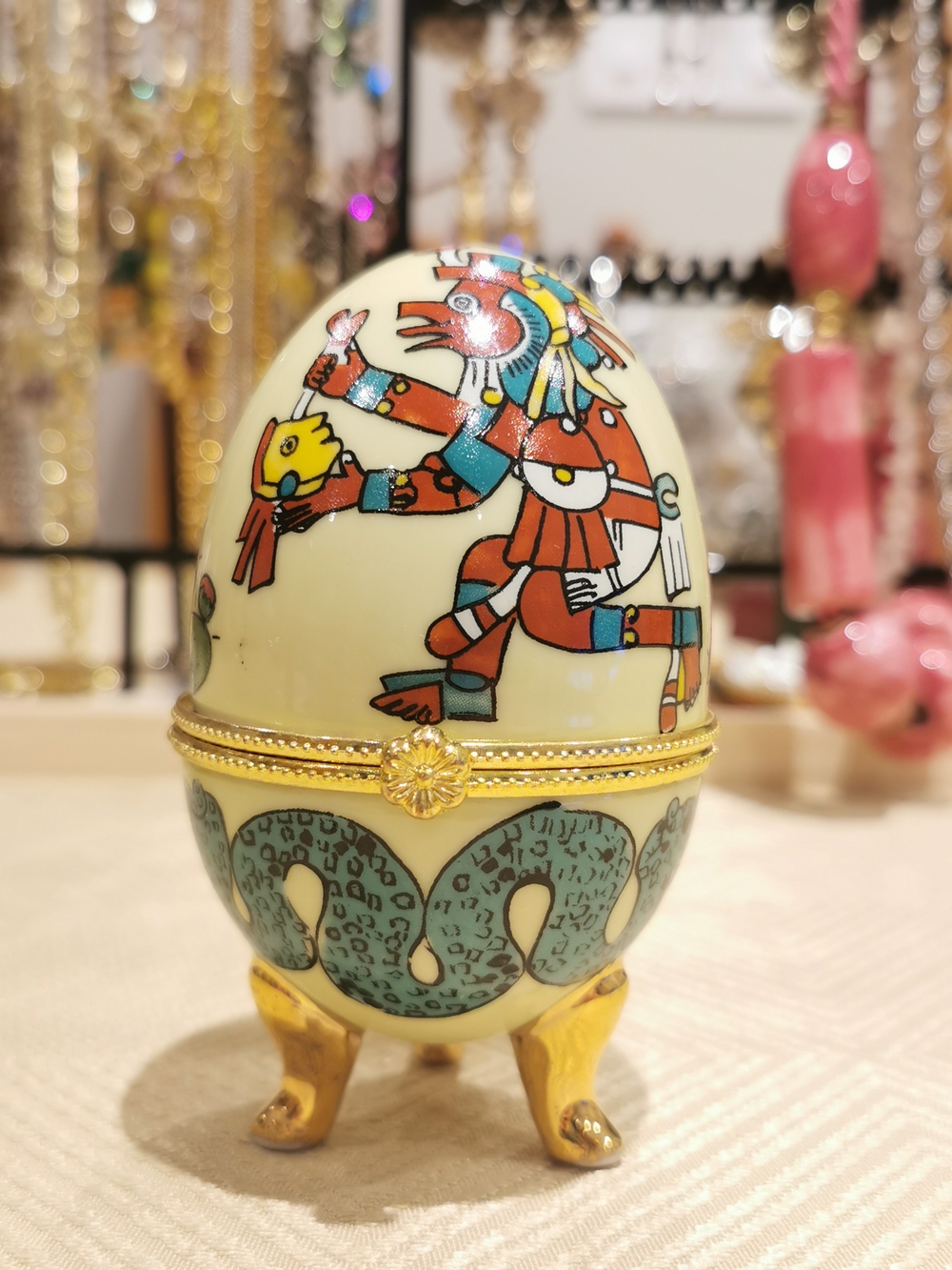 Decorative Cream and Maroon Ceramic Egg Trinket Box with Gold Accents